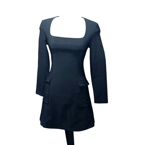 Halara Long Sleeve Square Neck Mini Cargo Work Dress Sz Small Black - Picture 15 of 16
